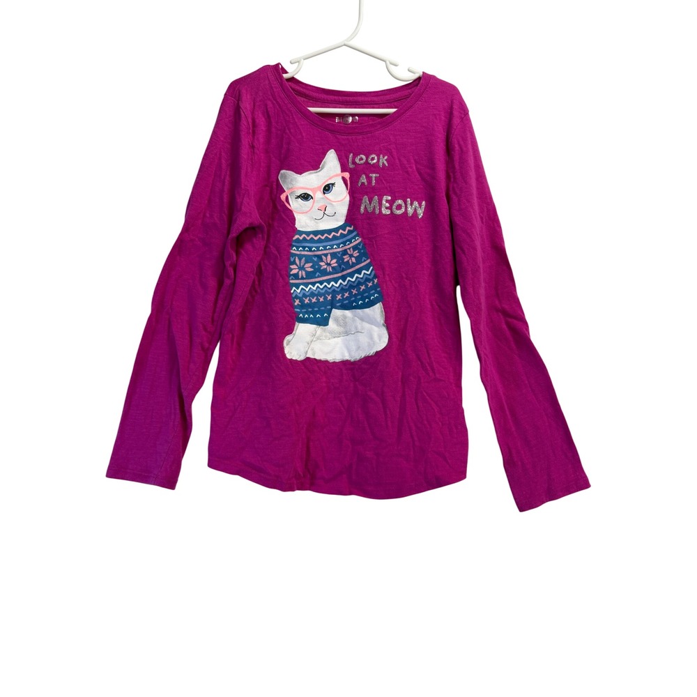 SO Kids Magenta Pink Cat Graphic Long Sleeve Tee Look at Meow Size 7/8